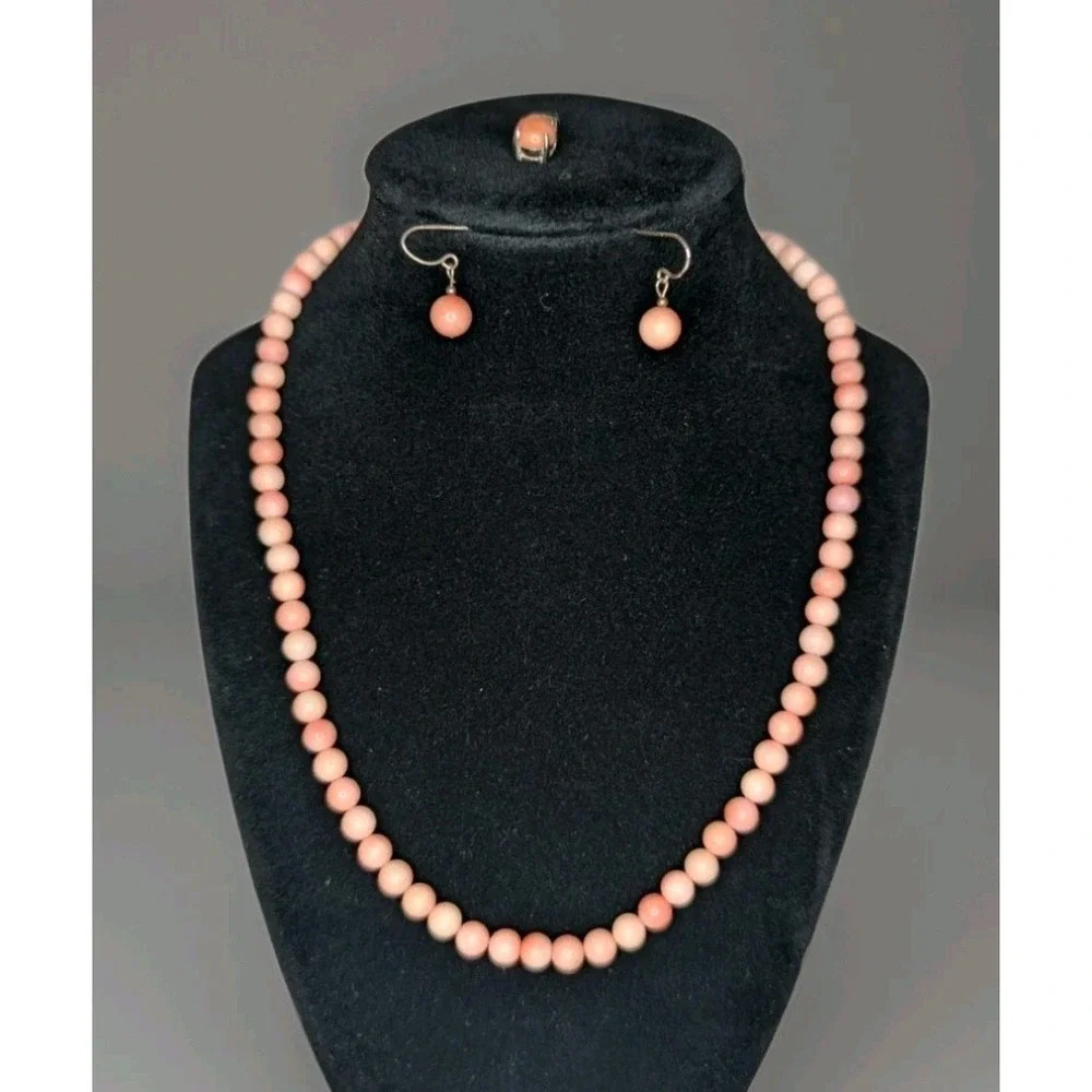 Vtg Sterling 925 Angel‎ Skin Pink Coral Beaded Necklace, Charm, Earrings 3pc Set